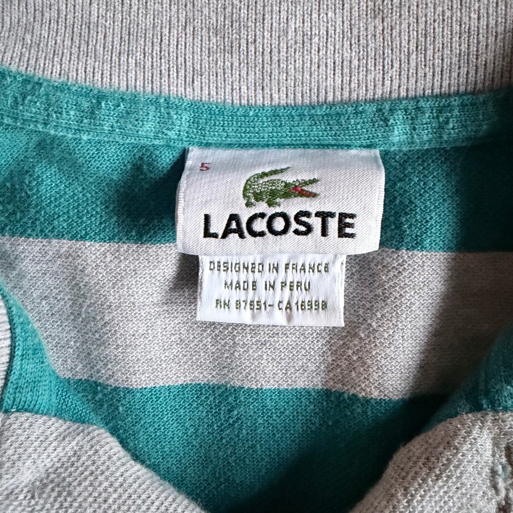 Lacoste Mens Teal Grey Striped Big Logo Pique Polo Shirt Size 5 Large Rare - Picture 3 of 6
